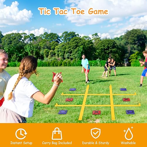 Miniatura 5 de TRINEAR Juego de correa gigante de Tic Tac Toe, juegos al aire libre de Tic Tac Toe, juego portátil de 4 pies x 4 pies con 10 bolsas de frijoles,