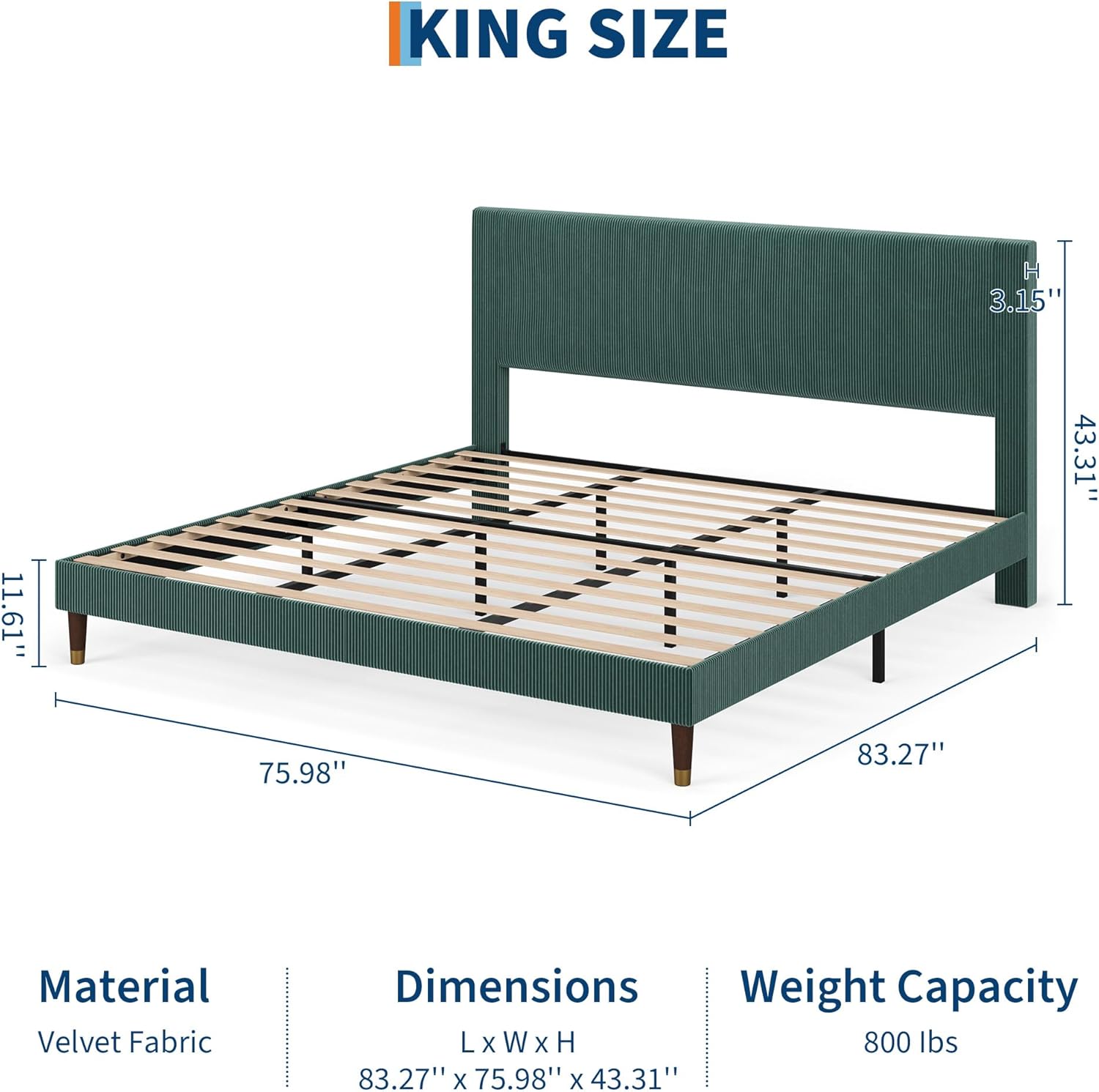 Platform Bed Frame with Headboard, Corduroy Upholstered Bed with Wooden Slats, No Box Spring Needed, Quiet Design Metal Support, Modern Bedroom Furniture, Dark Green, King Size