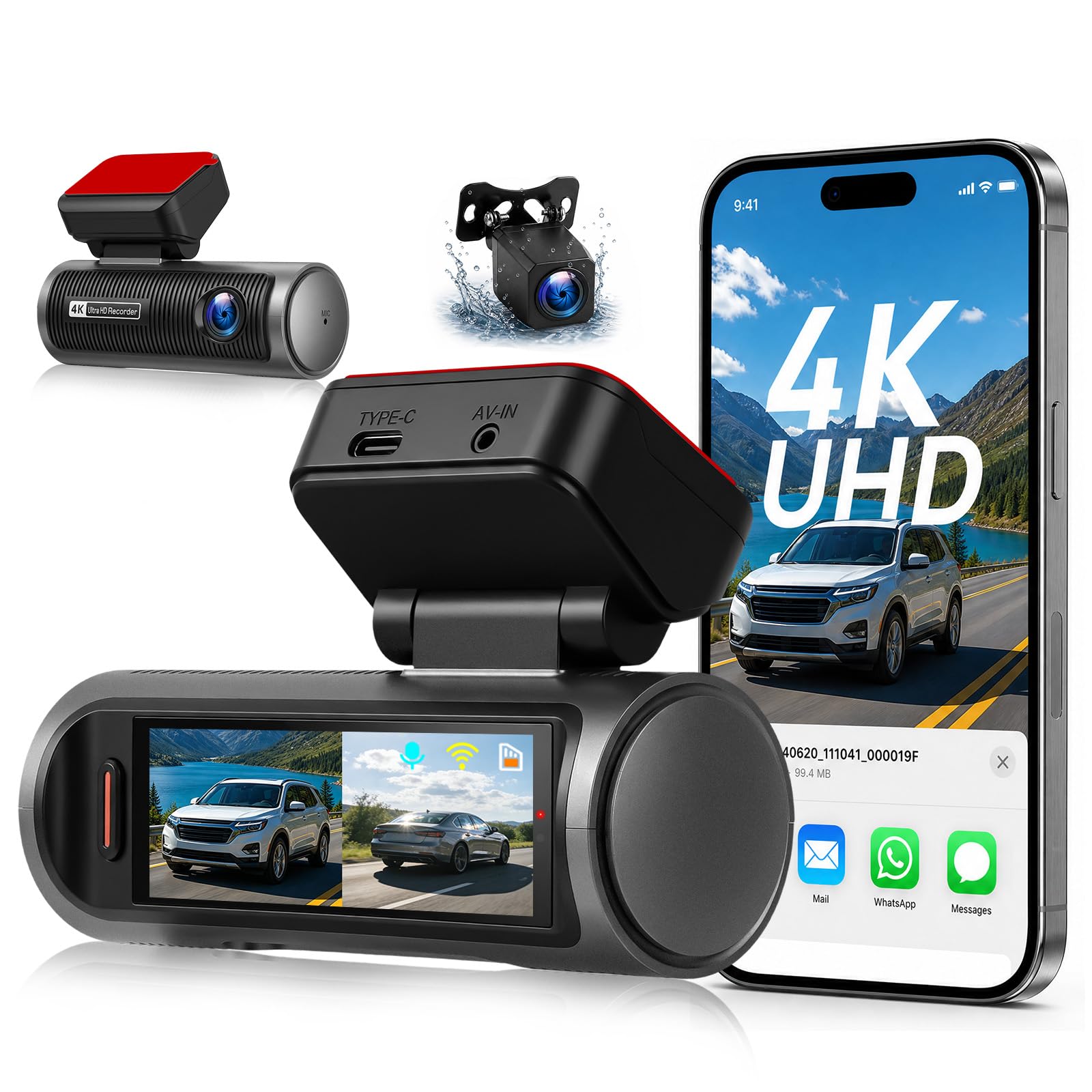 SIXWIN 4K Dashcam con Pantalla de 3.19″, 4K FHD Cámara Dual Delantera y Trasera, WiFi y App, Visión Nocturna, Grabación Cíclica, Sensor G, Gran Angular, Vigilancia de Aparcamiento 24h