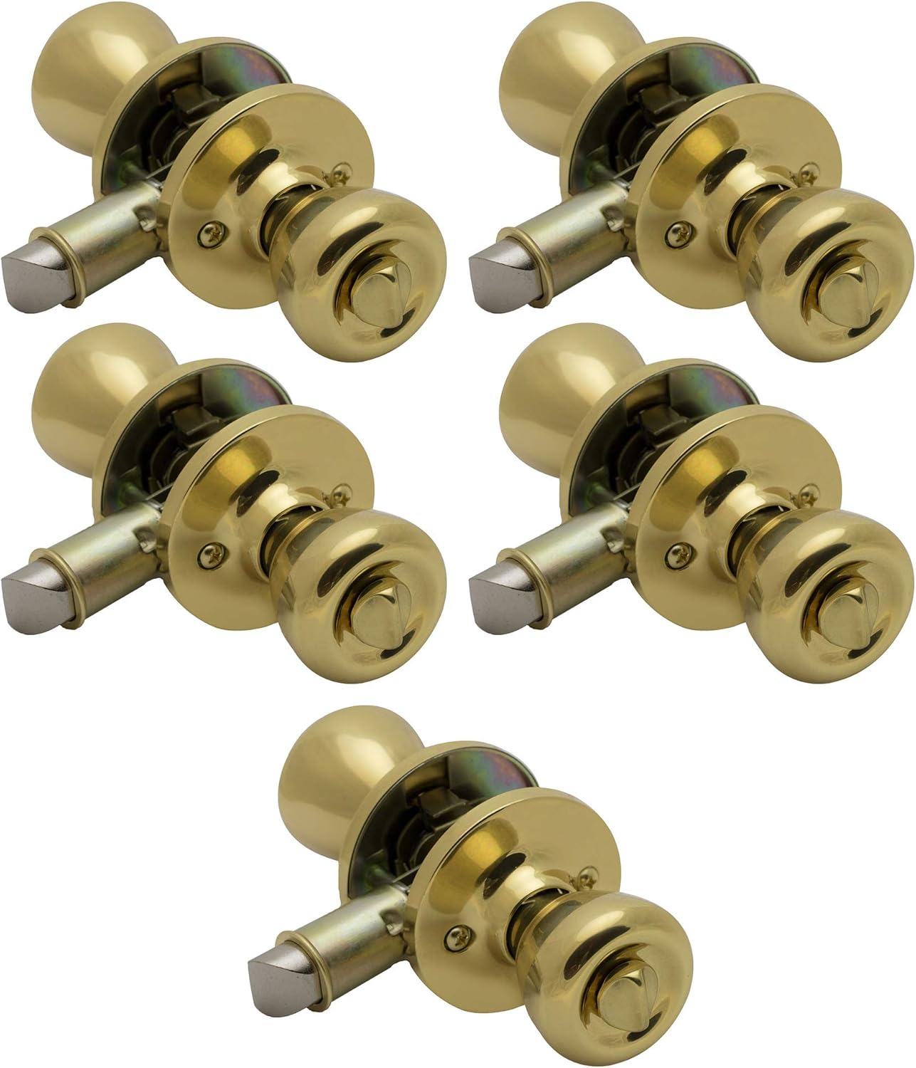 5 Pack of Pro-Grade Classic Mobile Home Privacy Door Knob Bed and Bath Handle, Polished Brass