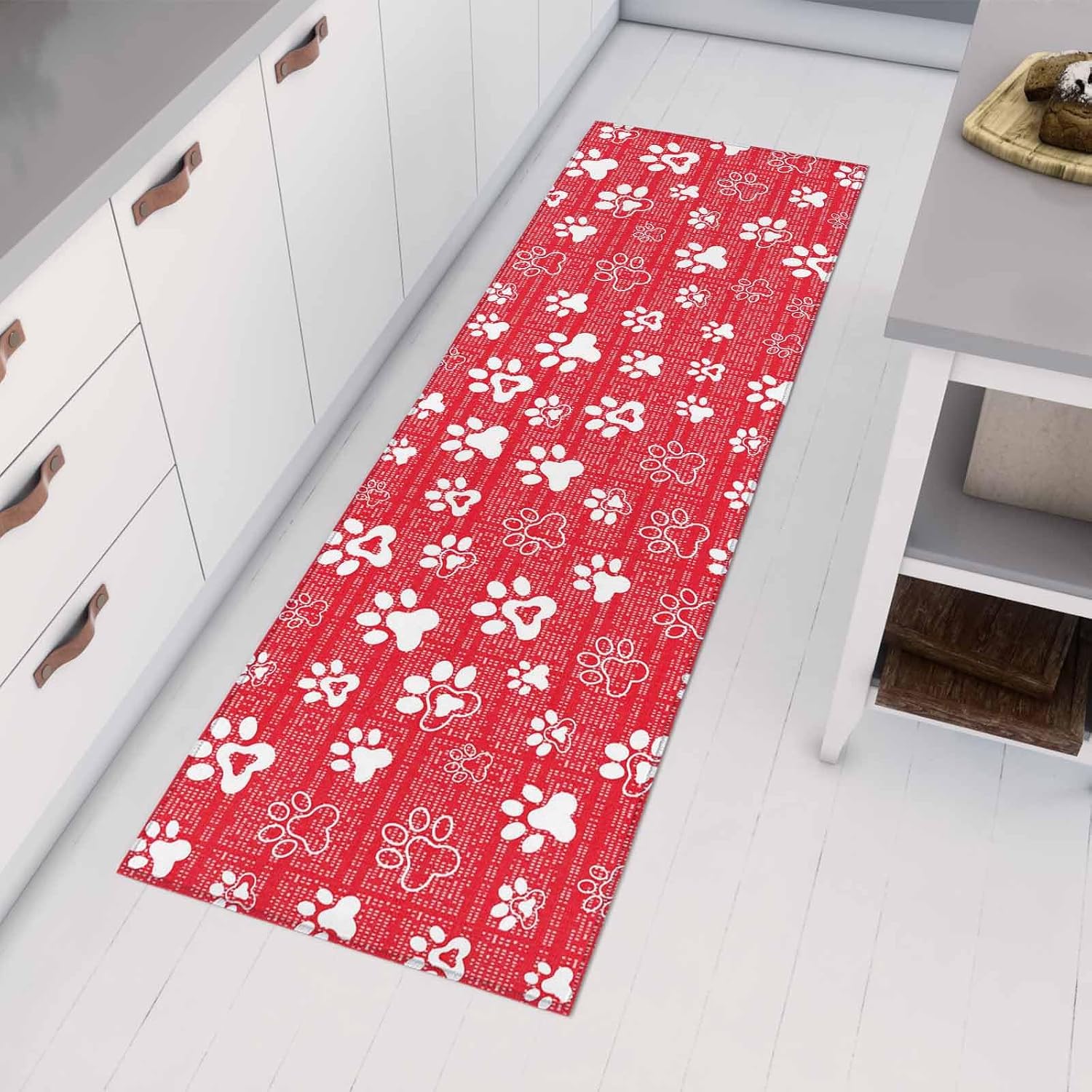 Teamery Kitchen Mats for Floor White Dog Paw Claws Washable Non Slip Kitchen Rugs 1PCS, Red Plaid Background Absorbent Standing Mats for Sink Bathroom Office Living Room 15.7x47.2in