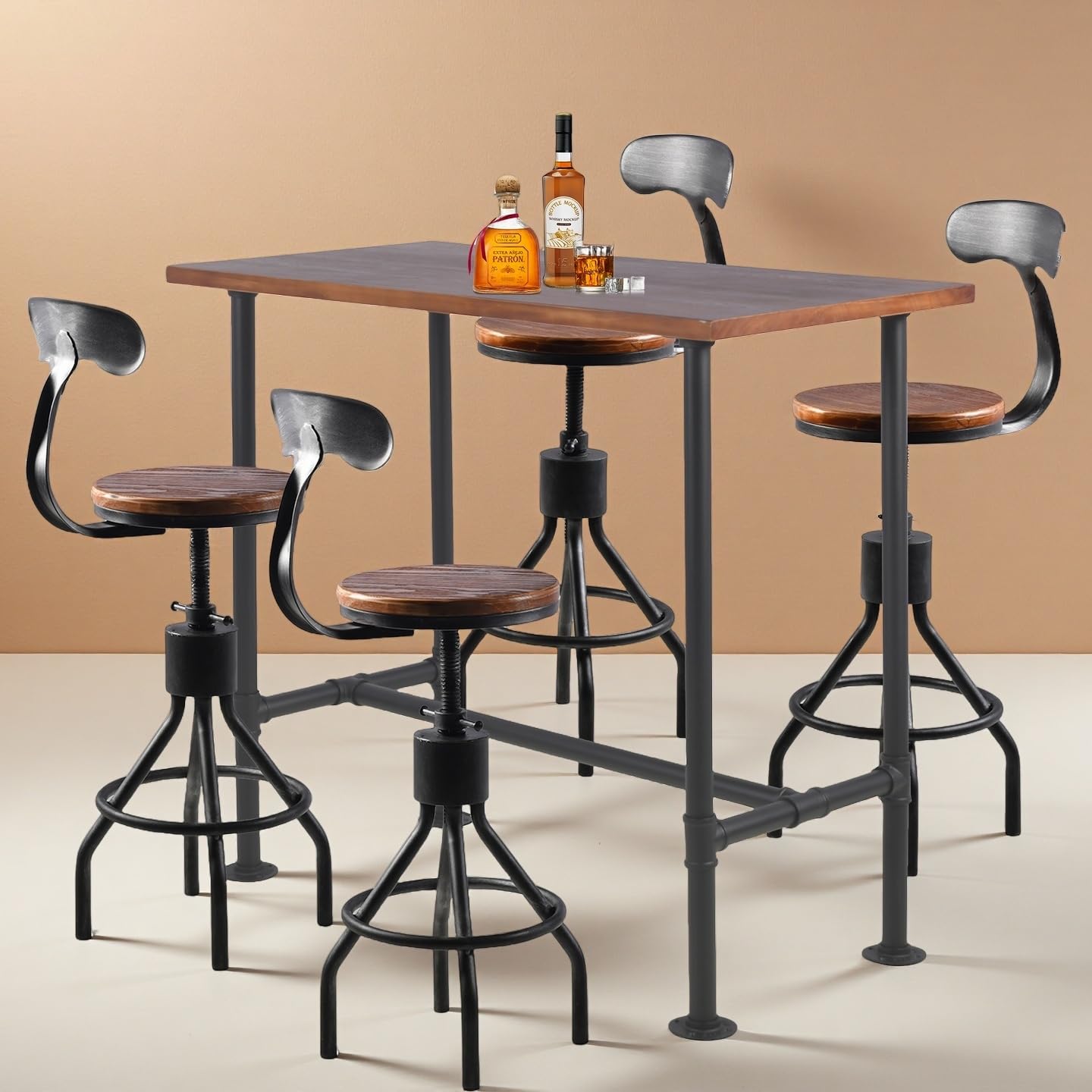 Industrial Pipe Design Bar Table 41.3inch Height and Set of 4 Rustic Bar Stools with Backrest 23-33" Height Adjustable Vintage Pub Bistro Table Set