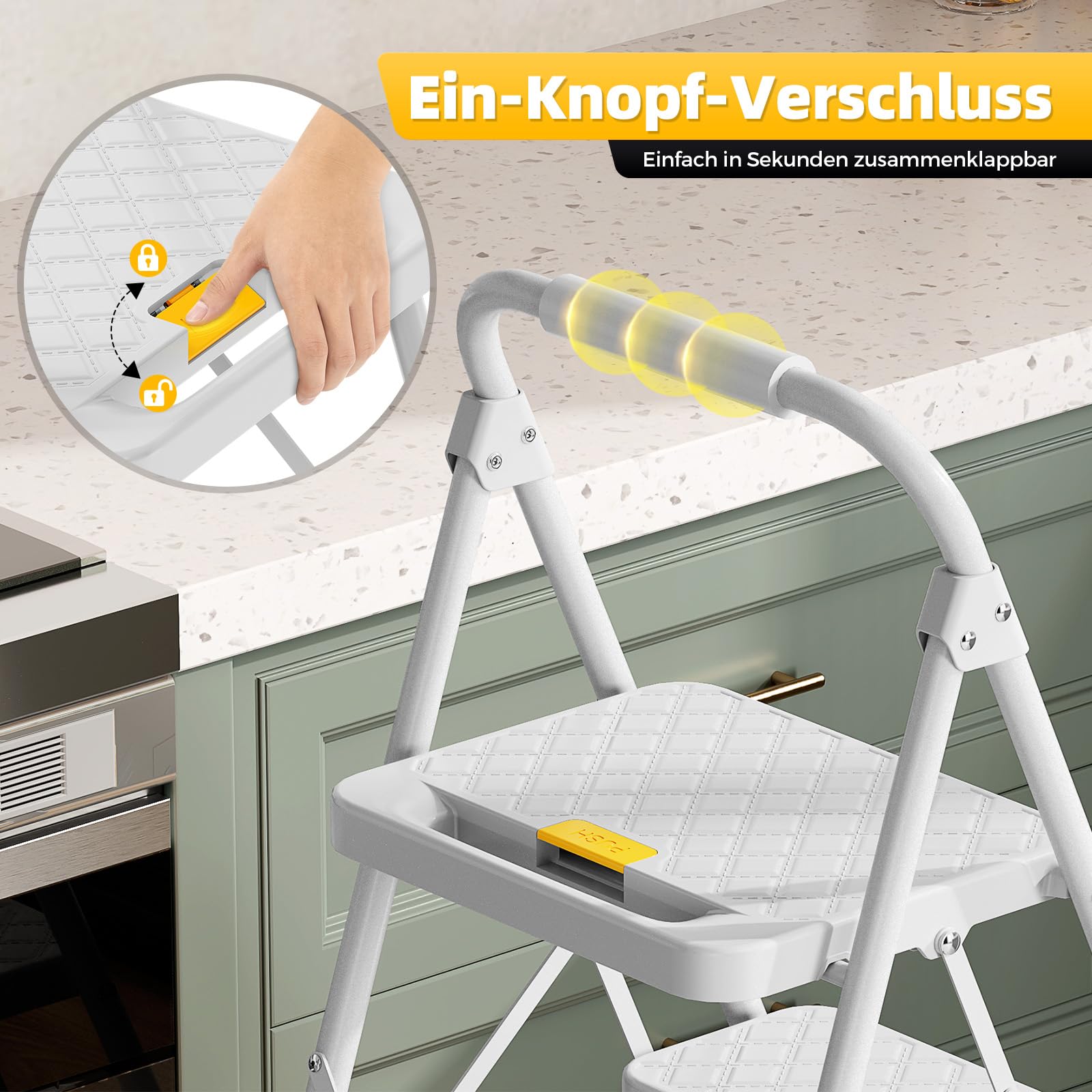 KINGRACK Trittleiter 4 Stufen Klappbar, Leiter mit Sicherheitsschloss | Haushaltsleiter Klapptritt mit Anti-Rutsch-Pedal, Bequemer Handlauf, Tragbarer Tritthocker für Küche Büro Terrasse, Grau