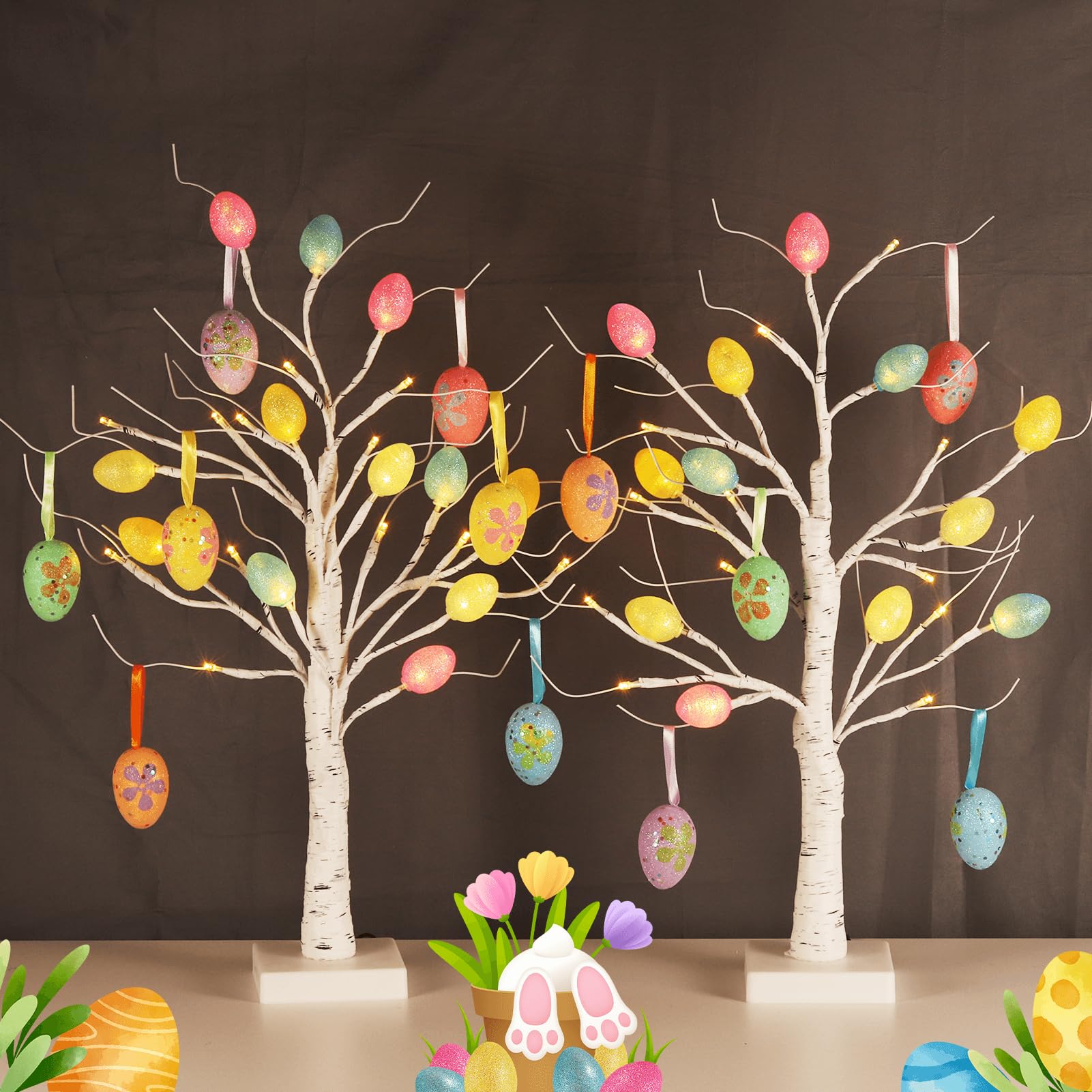 Photo 1 of [Timer] 2 Pack Easter Birch Tree with Light, USB or Batteries Operated with Timer, Artificial Tree Light 24 inch with 36 Eggs Indoor Hanging Ornaments for Easter Party Decoration
