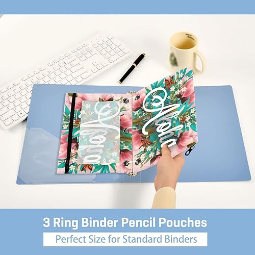Miniatura 6 de Aloha Hawaii - Estuche para lápices de 3 anillas, bolsillo transparente para ventana, con cremallera suave, hojas florales tropicales, estuche para