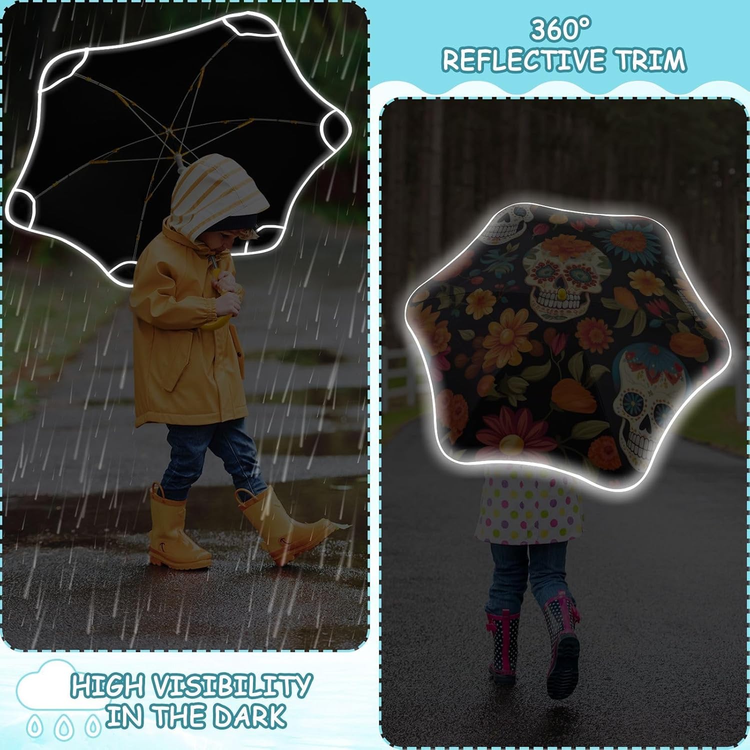 ODAWA Kid Umbrellas Skull Flowers Black Windproof Compact Stick Umbrella for Rain, Sun Umbrellas Uv Protection