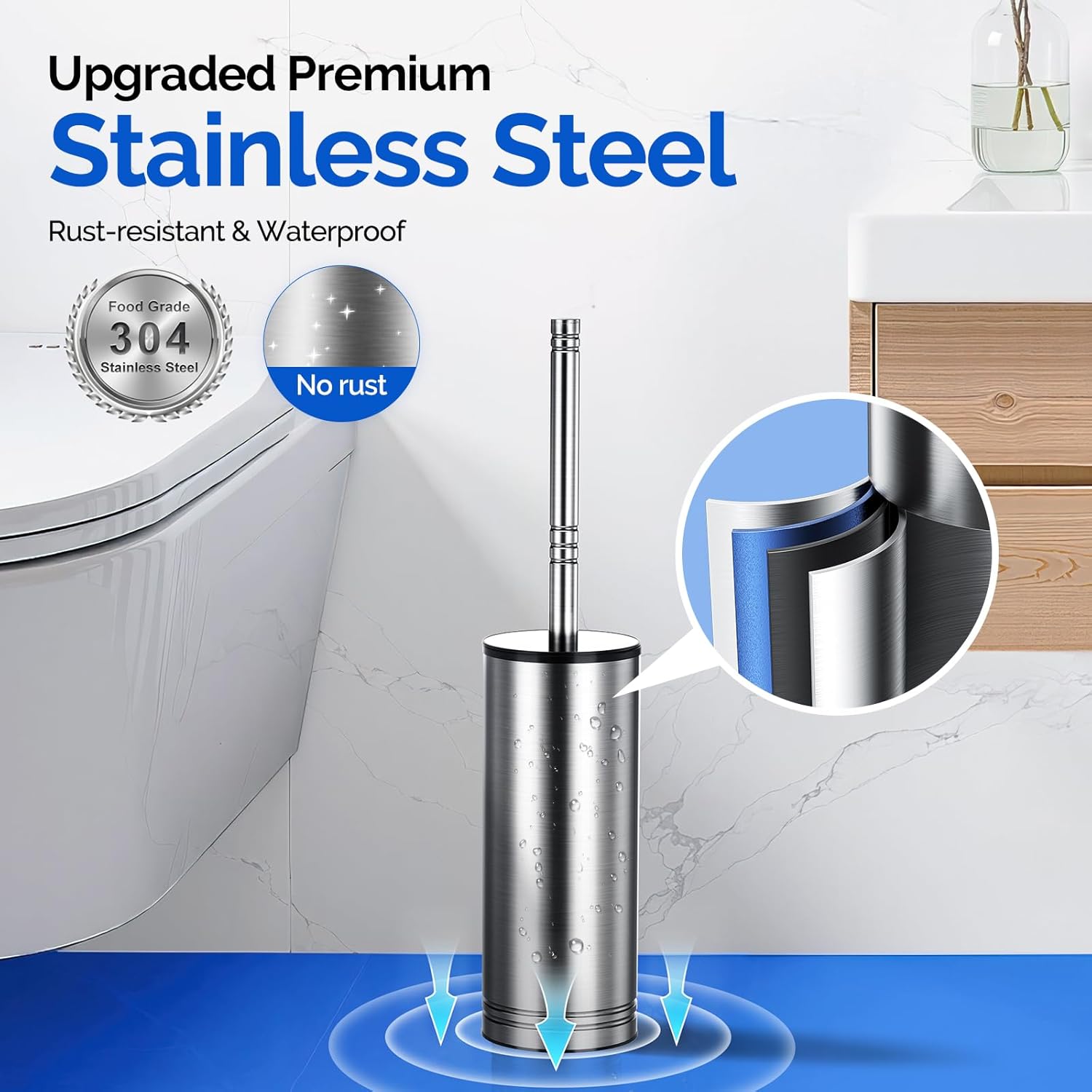 HAMITOR Toilet Brush and Holder Set: 304 Stainless Steel Rustproof Toilet Scrubber with Under Rim Deep Cleaning Curved Bristle - Bathroom Cleaner Brush for Renters Homeowners Family Silver 2 Pack
