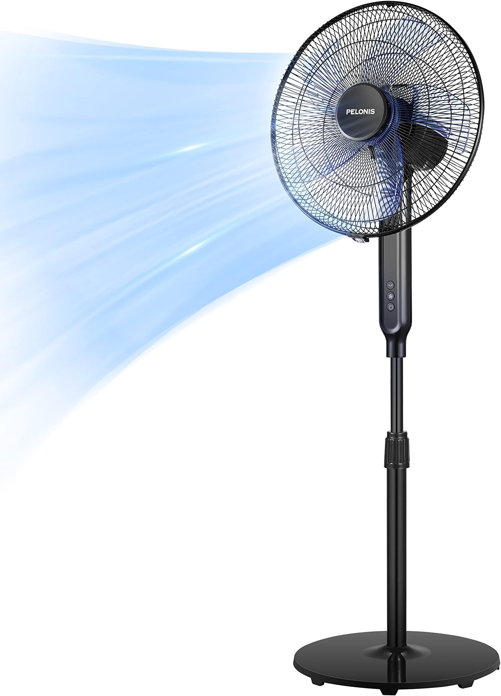 PELONIS 16" Oscillating Pedestal Stand Up Fan | Adjustable Height | Ultra Quiet DC Motor | Remote Control | 12 Speed | 12-Hour Timer | High Energy Efficiency | for Bedroom Home Office Use | Black