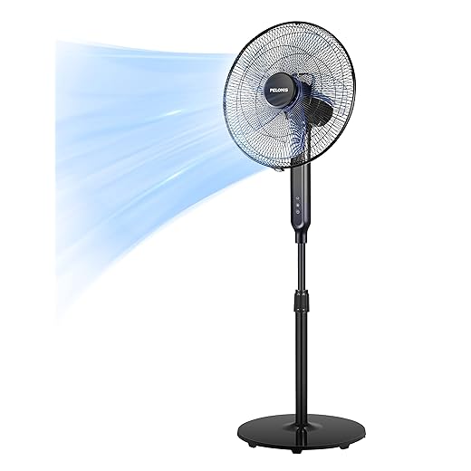 PELONIS 16" Oscillating Pedestal Stand Up Fan | Adjustable Height | Ultra Quiet DC Motor | Remote Control | 12 Speed | 12-Hour Timer | High Energy Efficiency | for Bedroom Home Office Use | Black