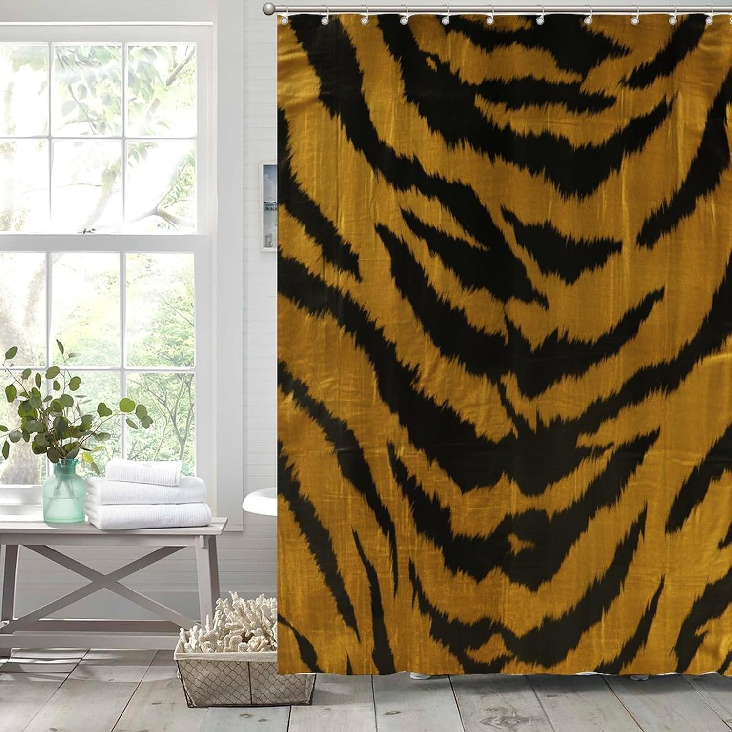 Shower Curtain Tiger Stripes Print Fabric Shower Curtain Liner Waterproof Bathtubs Decor with Hooks for Bathroom Decoration Bathroom Curtains 72x92 Inch