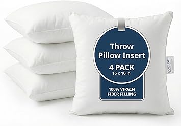 LANE LINEN 16x16 Throw Pillow Insert - Set of 4 White Inserts for Decorative Pillow Covers for Bed, Decorative Pillows for Bed, Couch Pillows, Throw Pillows for Couch