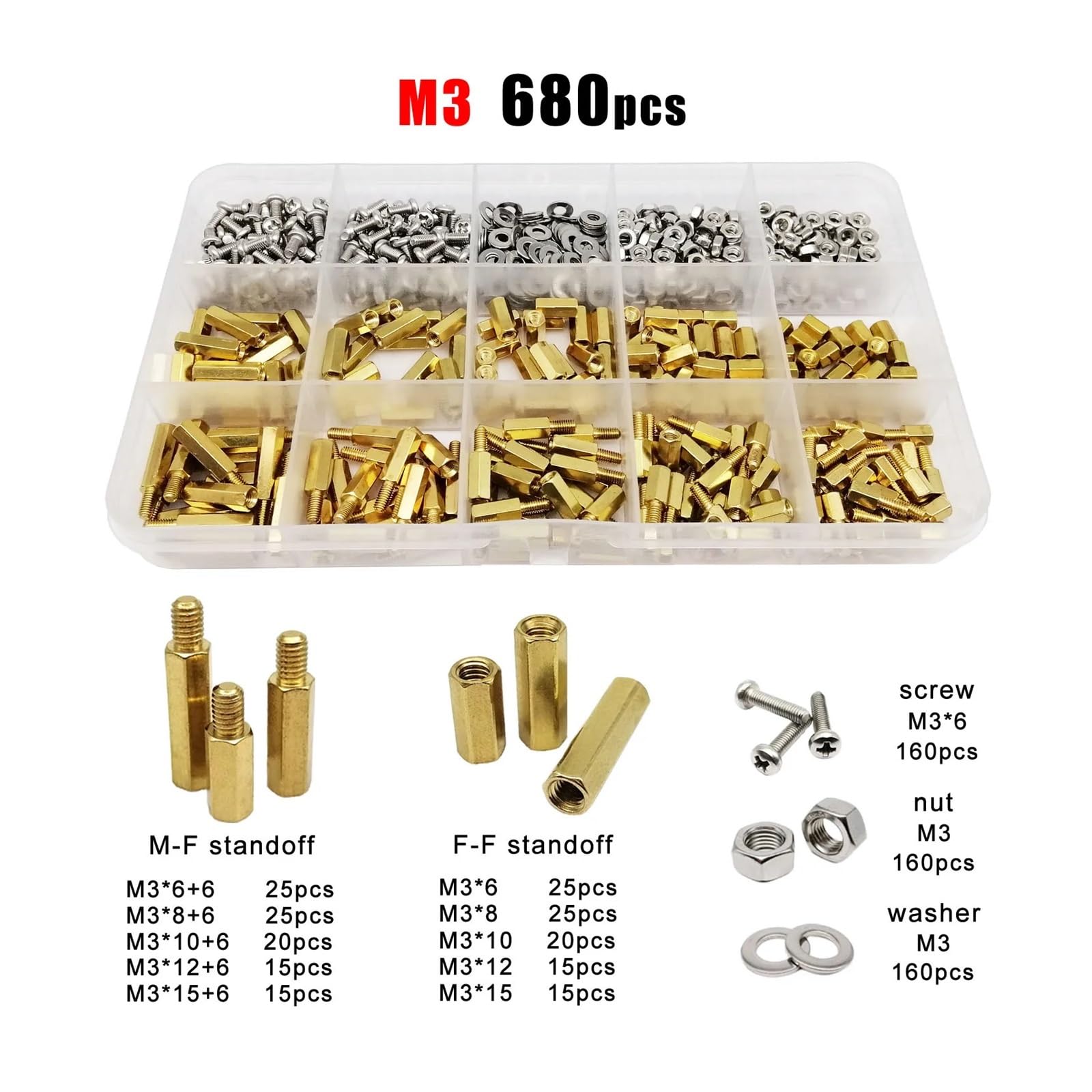 510/680/1700pc M2 M2.5 M3 M4 z litego mosiądzu miedź płytka drukowana sześciokątny sześciokątny dystans filar dystansowy kolumna nakrętka śrubowa zestaw asortymentowy (Color : M3 680pcs)