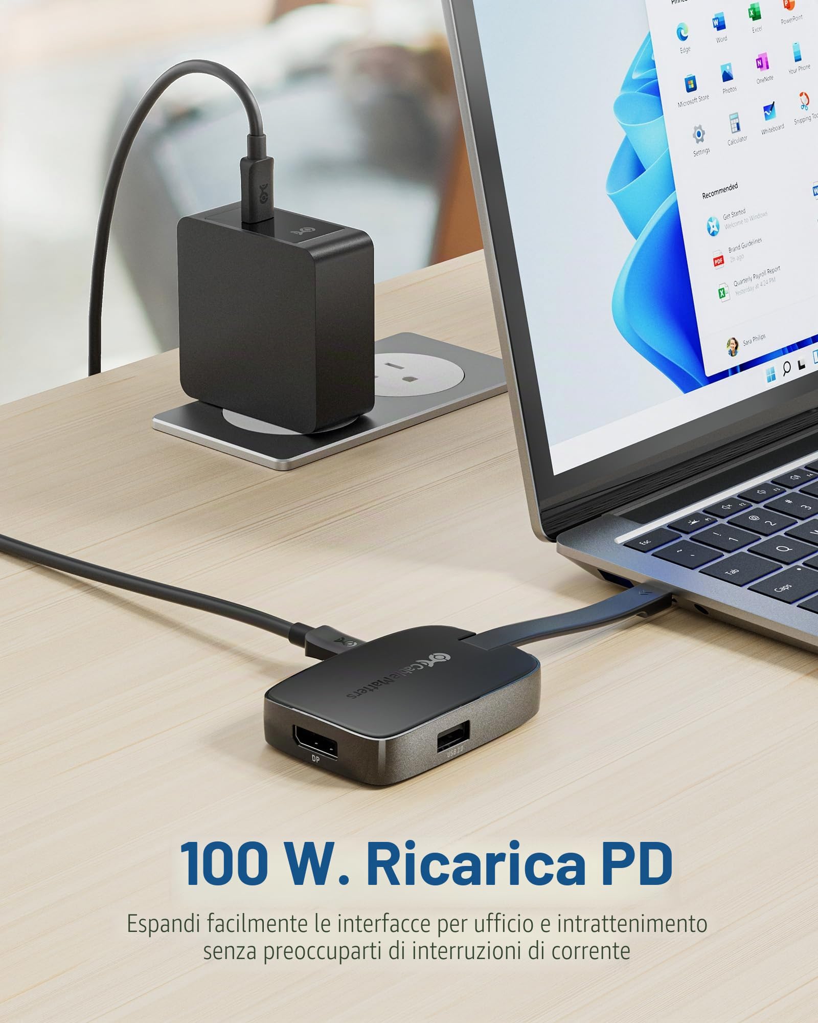 Cable Matters Hub USB-C pieghevole DisplayPort 1.4, 4K@240Hz | 4K@144Hz / 8K@60Hz, HDR, 2x USB-A, 1x USB-C, Ricarica host 100 W, Compatibile Thunderbolt 4/USB4