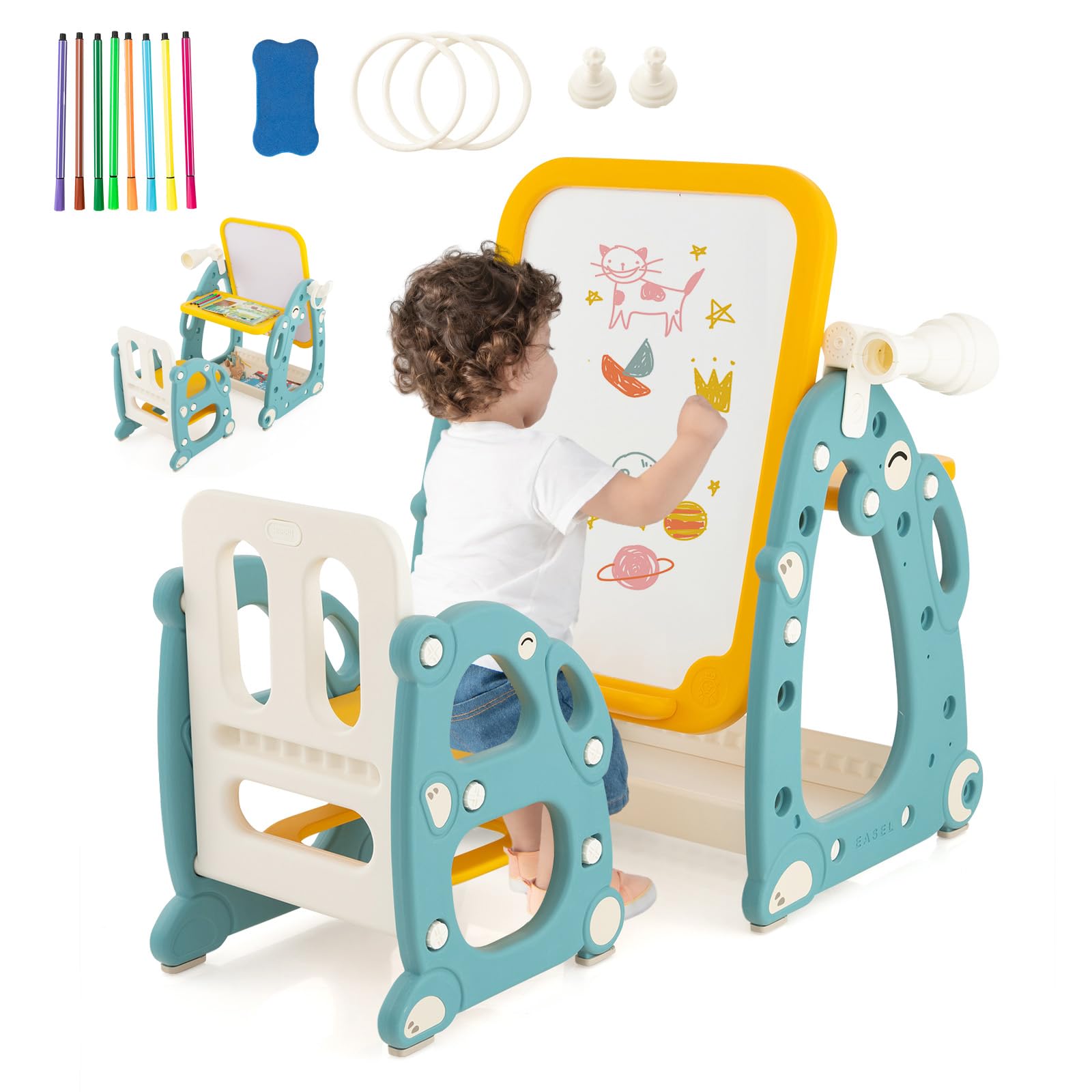 GOPLUS 4 en 1 Tableau Enfant avec Chaise, Table Enfant Tableau Blanc Magnétique Réglable avec Banc avec Télescope,Lancer d'Anneaux, Effaçable à Sec et Marqueurs 1-8 Ans
