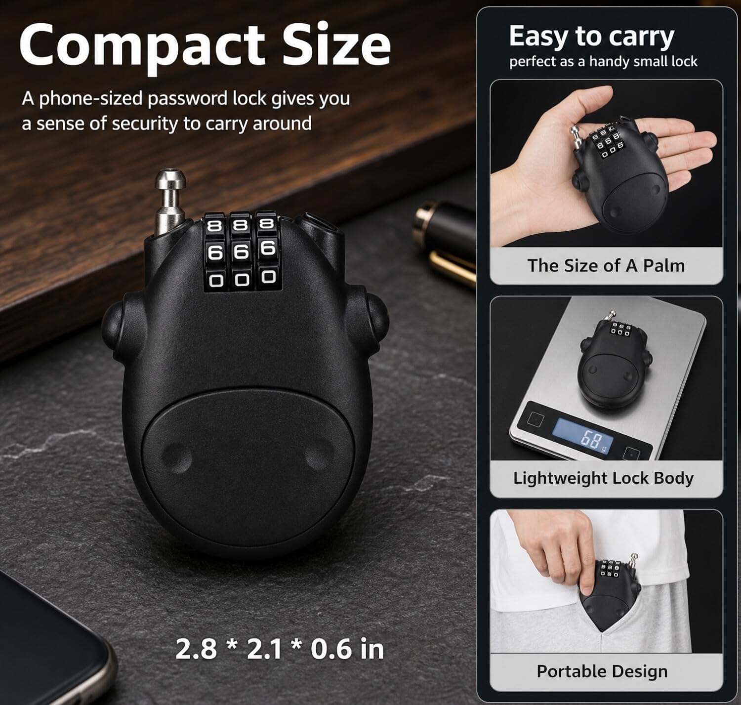 Retractable Cable Lock, 3-Digit Combination Lock with 3 Feet Retractable Steel Cable, Luggage Stroller Locks for, Bike, Ski, Helmets, Backpacks