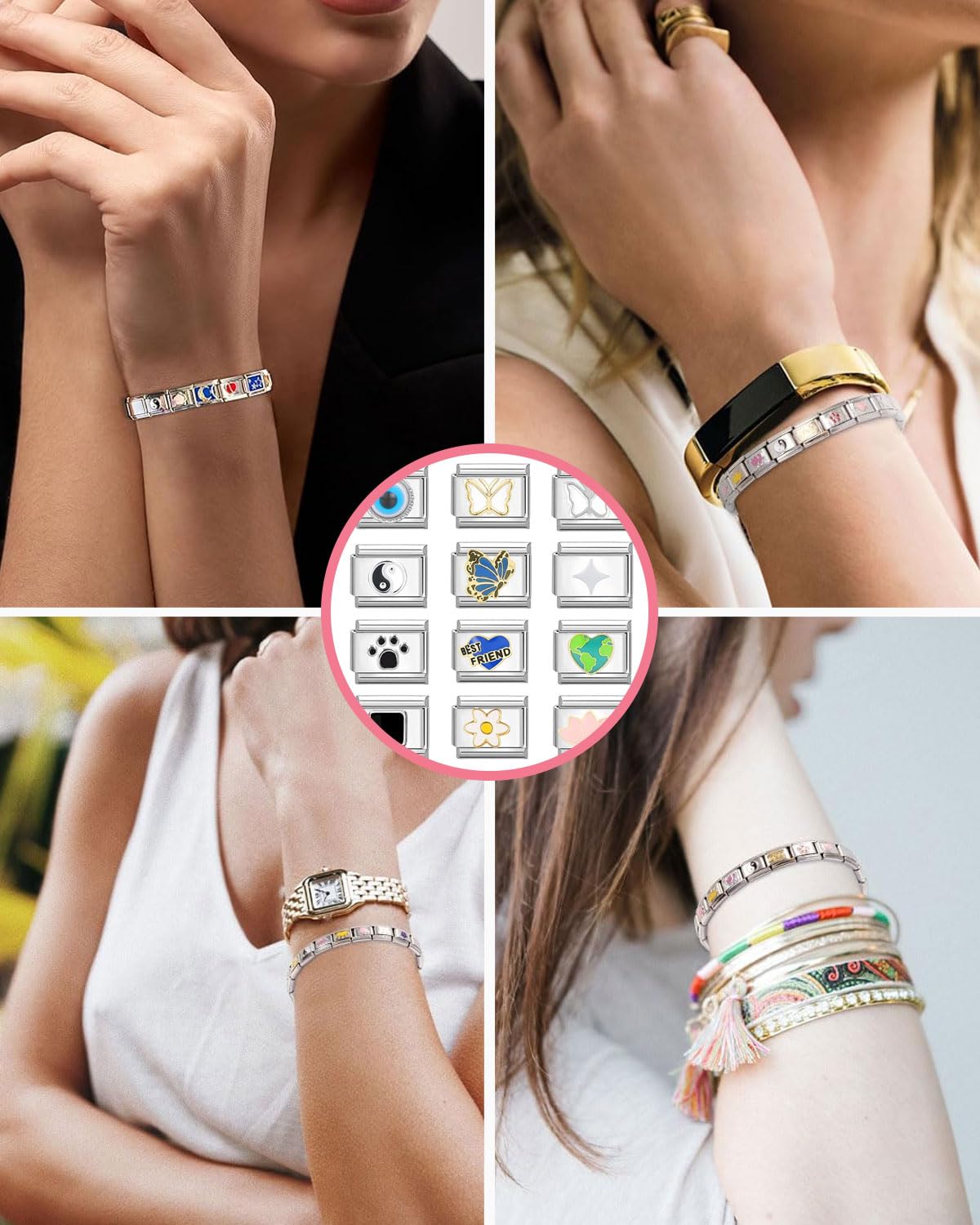 Pulsera italiana con dijes, 18 dijes italianos adicionales con herramienta de apertura, eslabón modular extraíble de 9 mm, dijes de estilo italiano para mujer (estilos aleatorios)