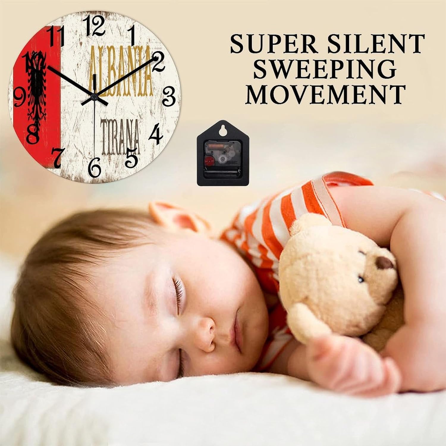 Albania Tirana Round Wooden Clock for Wall Decor Albania National Flag Farmhouse Wall Clock 15 Inch Silent Non-Ticking Wood Clock for Office Classroom Wall Art
