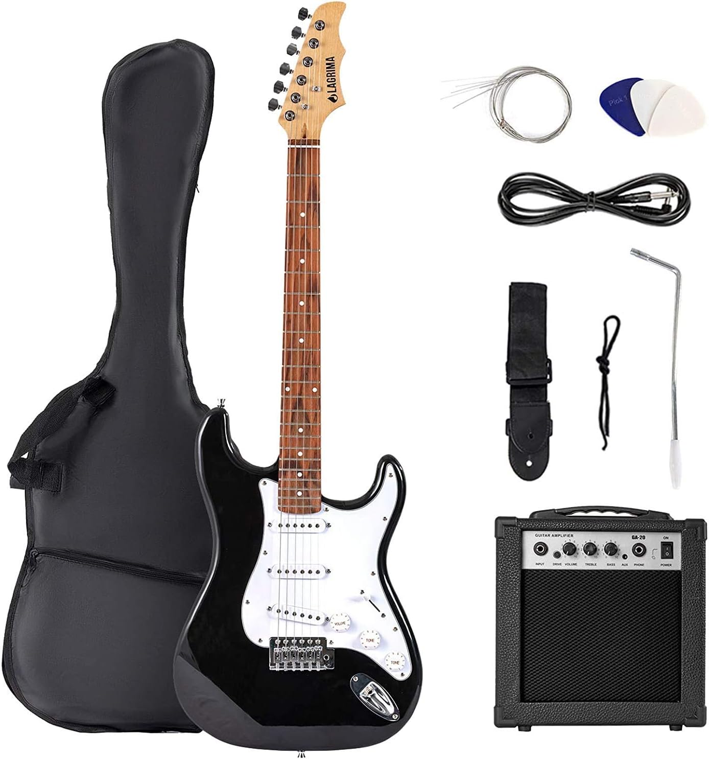 LAGRIMA 39 Inch Full Size Electric Guitar Starter Kit with Amp, Case and Accessories Pack Beginner Starter Package (39, Black)