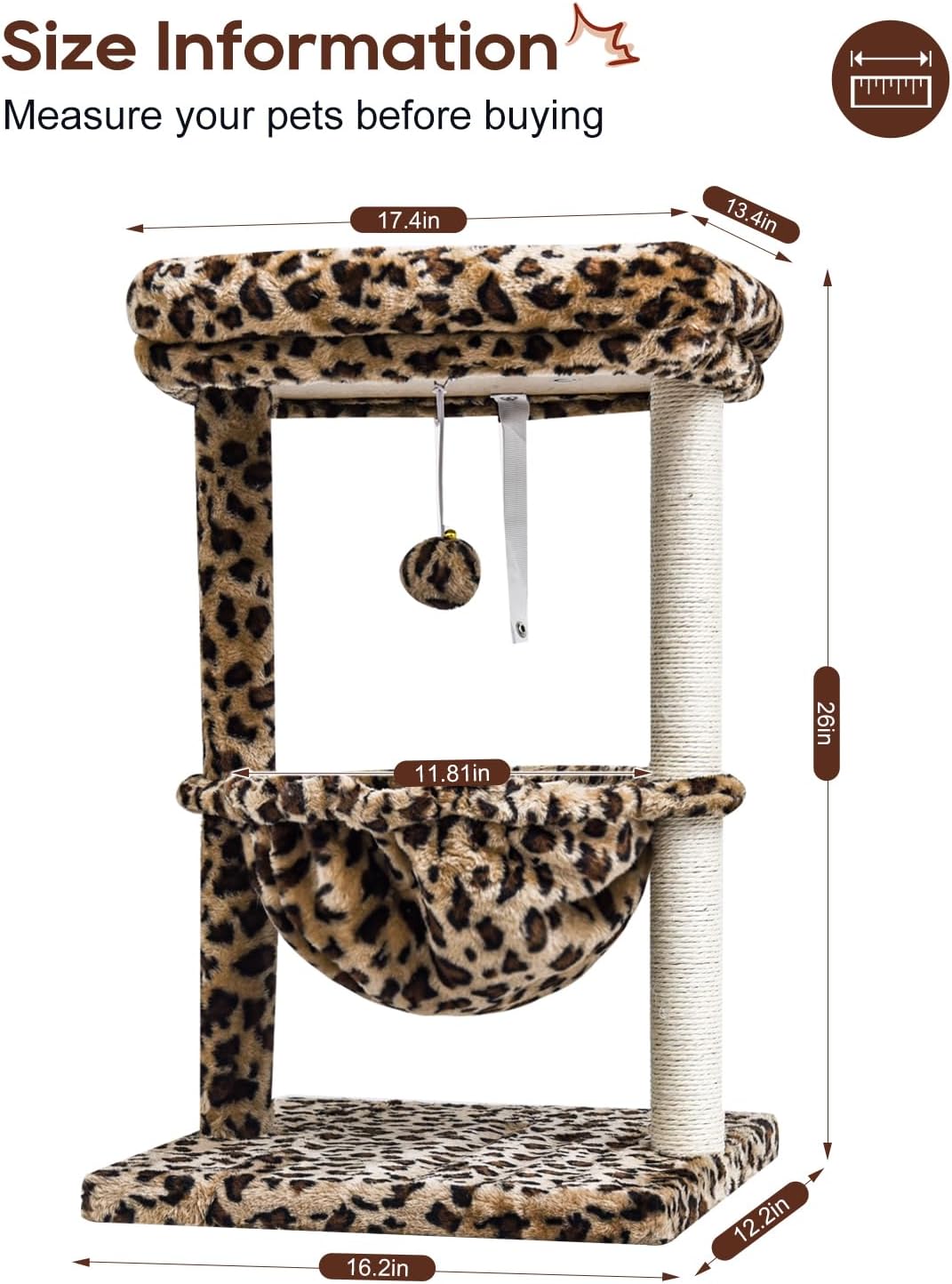 SYANDLVY Small Cat Tree for Indoor Cats, Unique Cheetah Leopard Print Cat Tree Tower for Kitties, Condo Furniture with Hammock & Sisal Scratching Posts