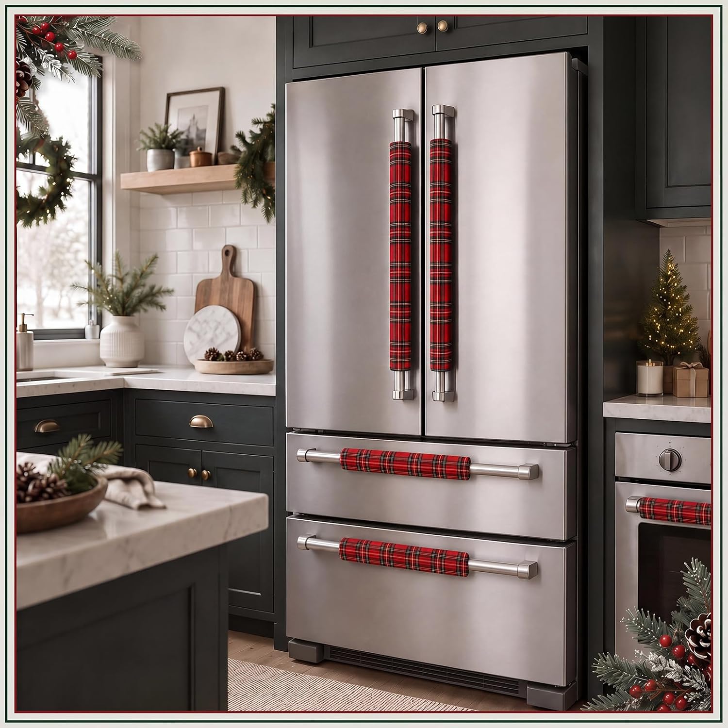 Tudomro 6 Pcs Tartan Plaid Christmas Refrigerator Xmas Handle Covers, Red