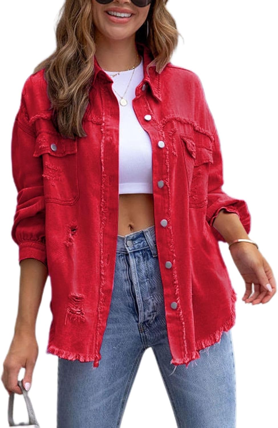 Lu's Chic Women's Denim Button Down Shirt Shacket Long Sleeve Top Western Split Date Night Winter Shirt Jacket