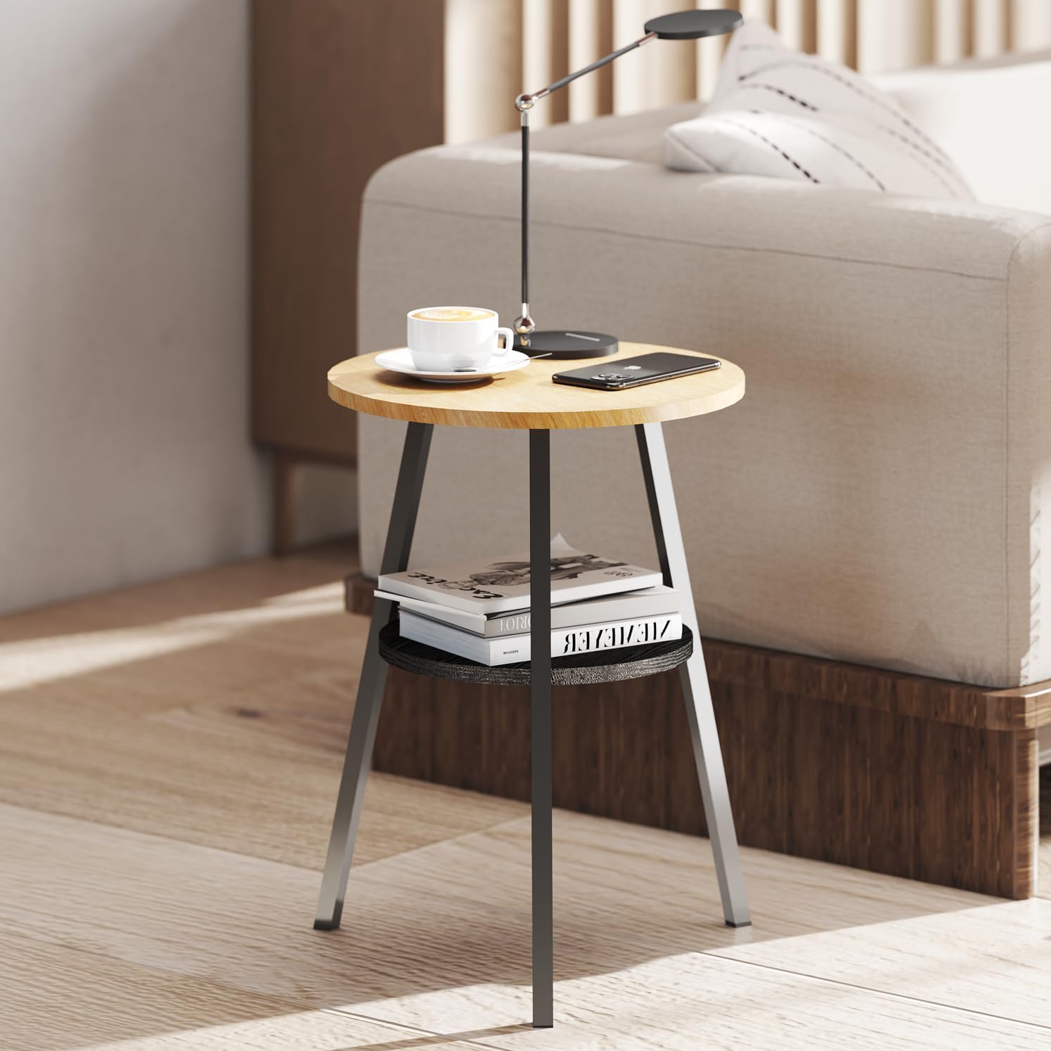 inhabit union round end table, 2-tier side table with storage shelf for small spaces, nightstand for living room, bedroom, metal frame & wood top, oak