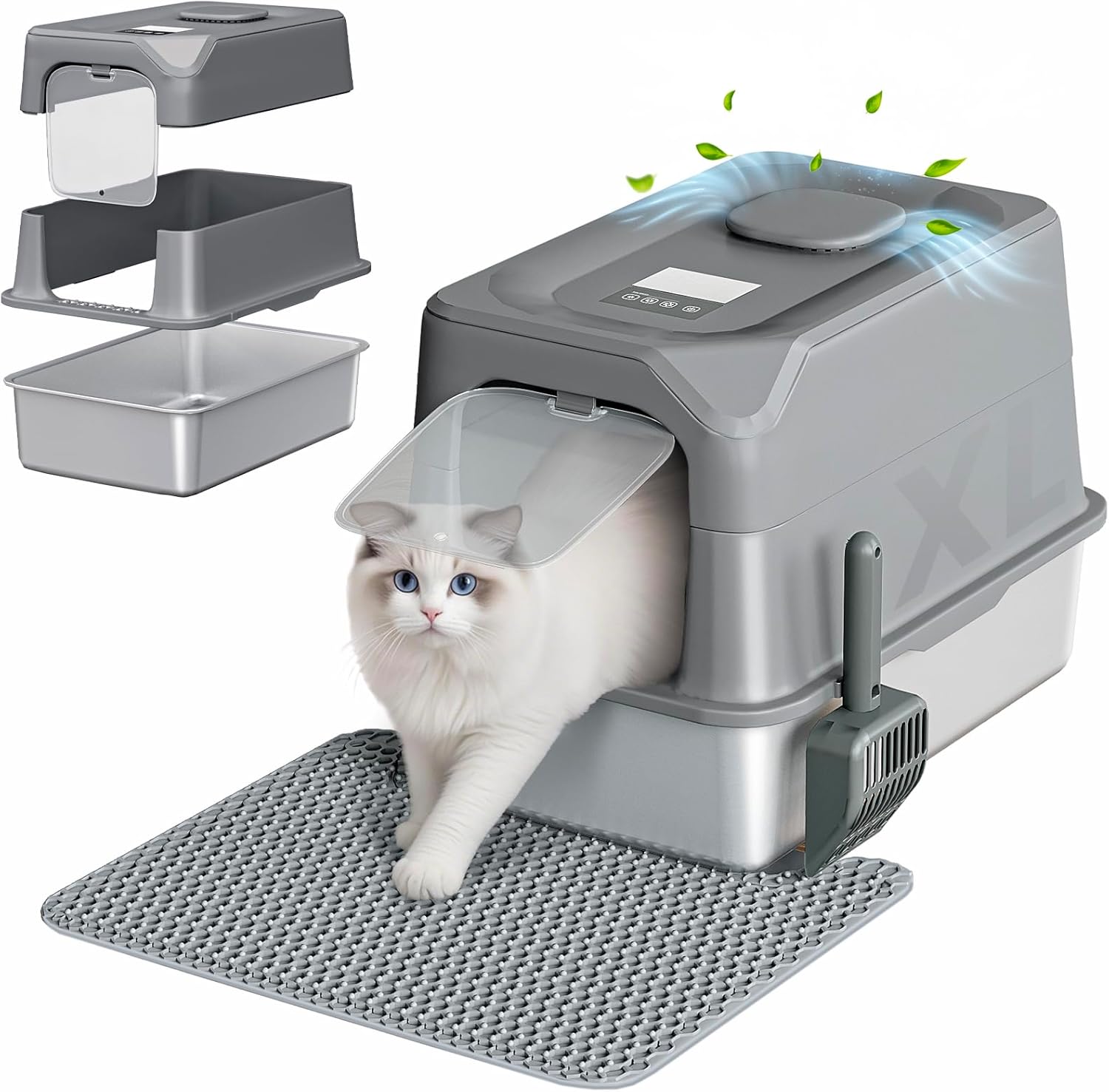 XL Stainless Steel Litter Box with Lid, Plasma Deodorizing Metal Litter Box with Infrared Sensor for Big Cats Extra Large Litter Tray Anti-Leak Easy to Clean Kitty Litter Pan for Multiple Cats