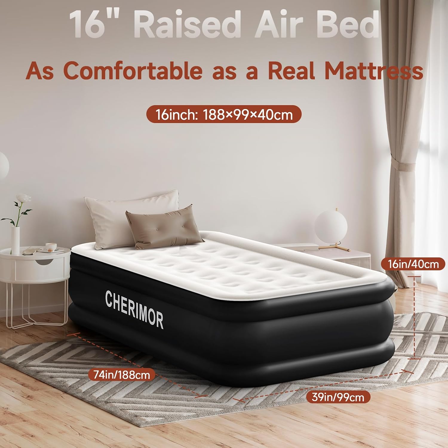 CHERIMOR Twin Air Mattress with Built in Pump, 16 inch High Thicken Sturdy Blow up Mattress, Comfortable Sleeping Surface, Portable Inflatable Mattress with Carry Bag, Air Bed for Camping
