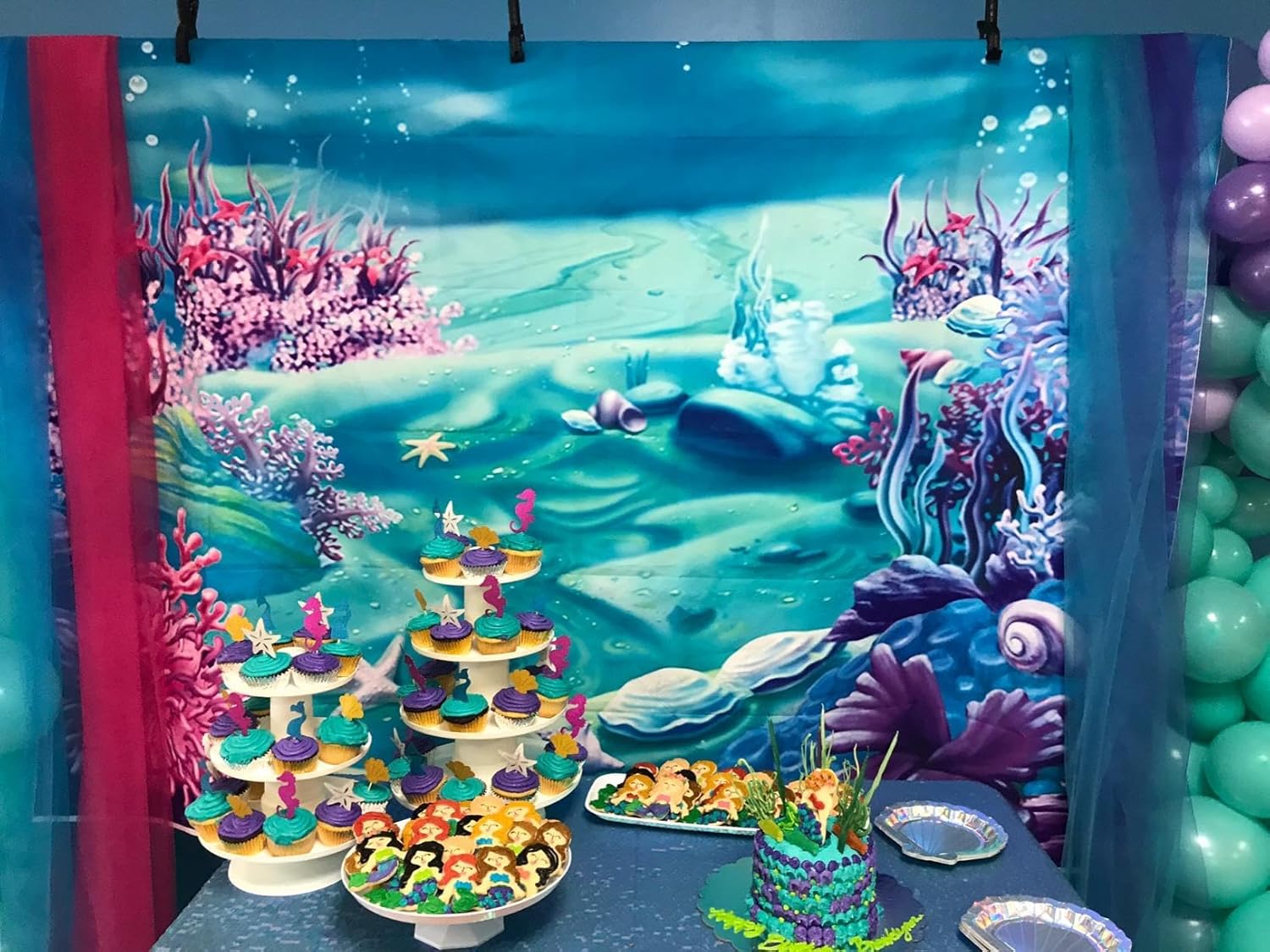 Avezano Under The Sea Mermaid Backdrop Deep Blue Sea Castle Shell Photography Background Child Kids Mermaid Themed Birthday Party Decoration Backdrops (7x5ft)