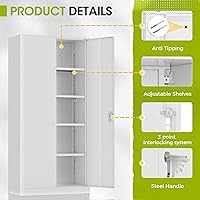 Vista 5 de Greenvelly Armario de almacenamiento de metal con cerradura, armario de almacenamiento de 72 pulgadas de alto con 2 puertas y 4 estantes ajustables