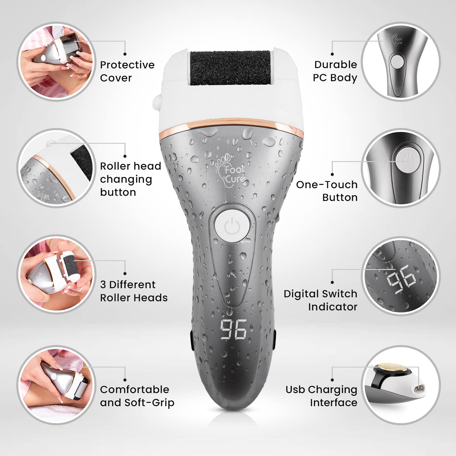 Electric Foot Callus Remover - Rechargeable Portable Electronic Foot File for Feet, Best Heel Shaver for Cracked Heels, Professional Pedicure Tool Kits, Foot Care for Dry Dead Skin, 3 Rollers -Silver