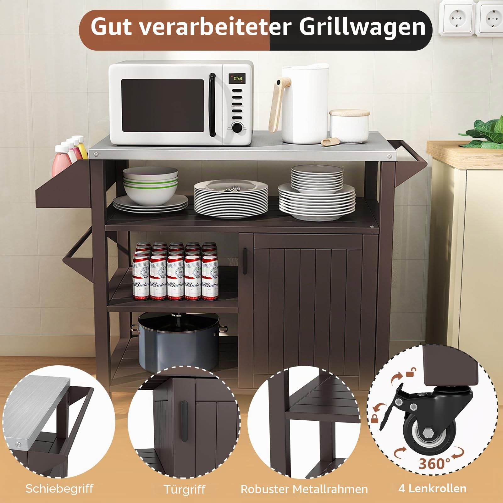 KOMFOTTEU Grillwagen mit 3 Etagen, Servierwagen mit Edelstahlplatte, Grilltisch mit Gewürzregal, Handtuchhalter, Schrank, Beistelltisch für BBQ, Camping, Party, Braun
