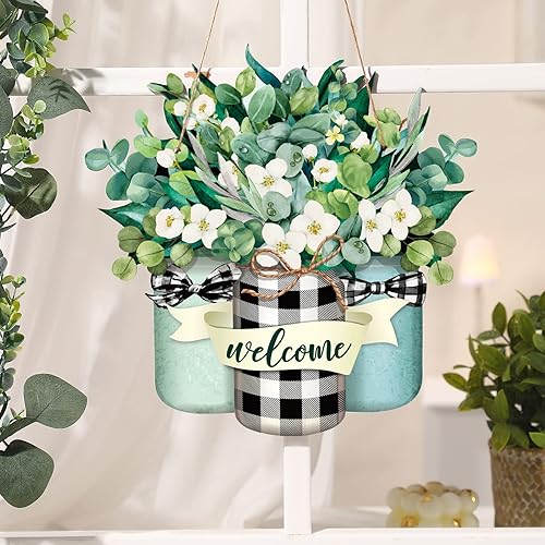 Miniatura 4 de Karenhi Letrero de madera de bienvenida para puerta delantera, colgador de madera, letrero de puerta de verano, decoración colgante de primavera de