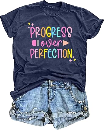 Teacher T-Shirt for Women Progress Over Perfection Graphic Shirt Inspirational School Teaching Tee Top