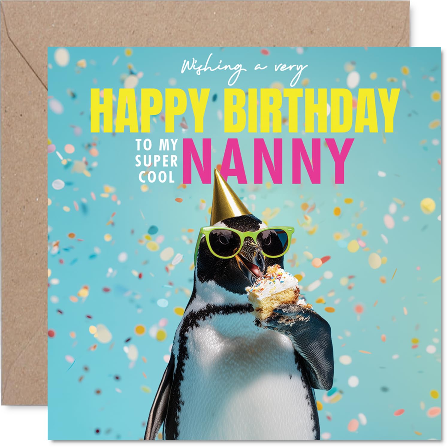Nanny Birthday Card - Bird-day Cake - Happy Birthday Card for Nanny from Grandson Granddaughter, 145mm funny penguin Bday Greeting Cards