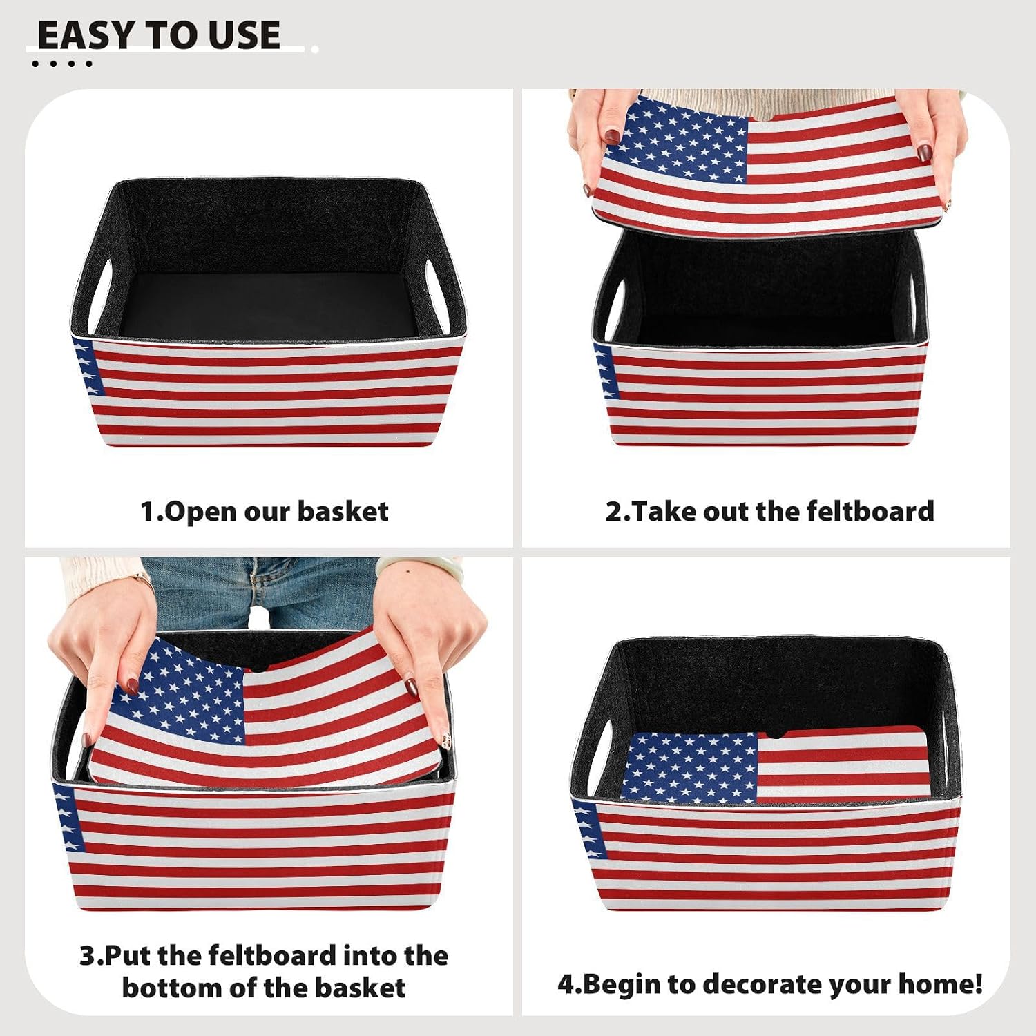 YETTASBIN America Flag Felt Storage Baskets with Handle, Collapsible Open Storage Bin Drawers Storage Box for Shelf Closet Office Bedroom Nursery Home, 2 Pack