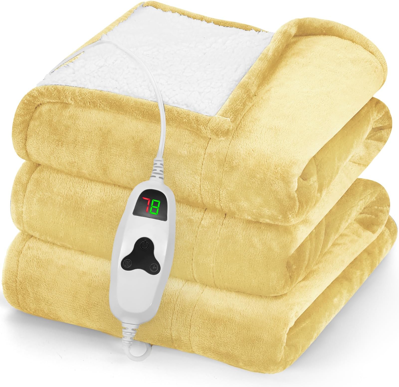 greenoak Heated Blanket Electric Throw 50"X60", Heating Blankets with 10 Heat Levels 8 Hours Auto-Off, Soft Flannel Sherpa Fluffy House Warming Gifts for Grandma Seniors Mom,Cream Yellow