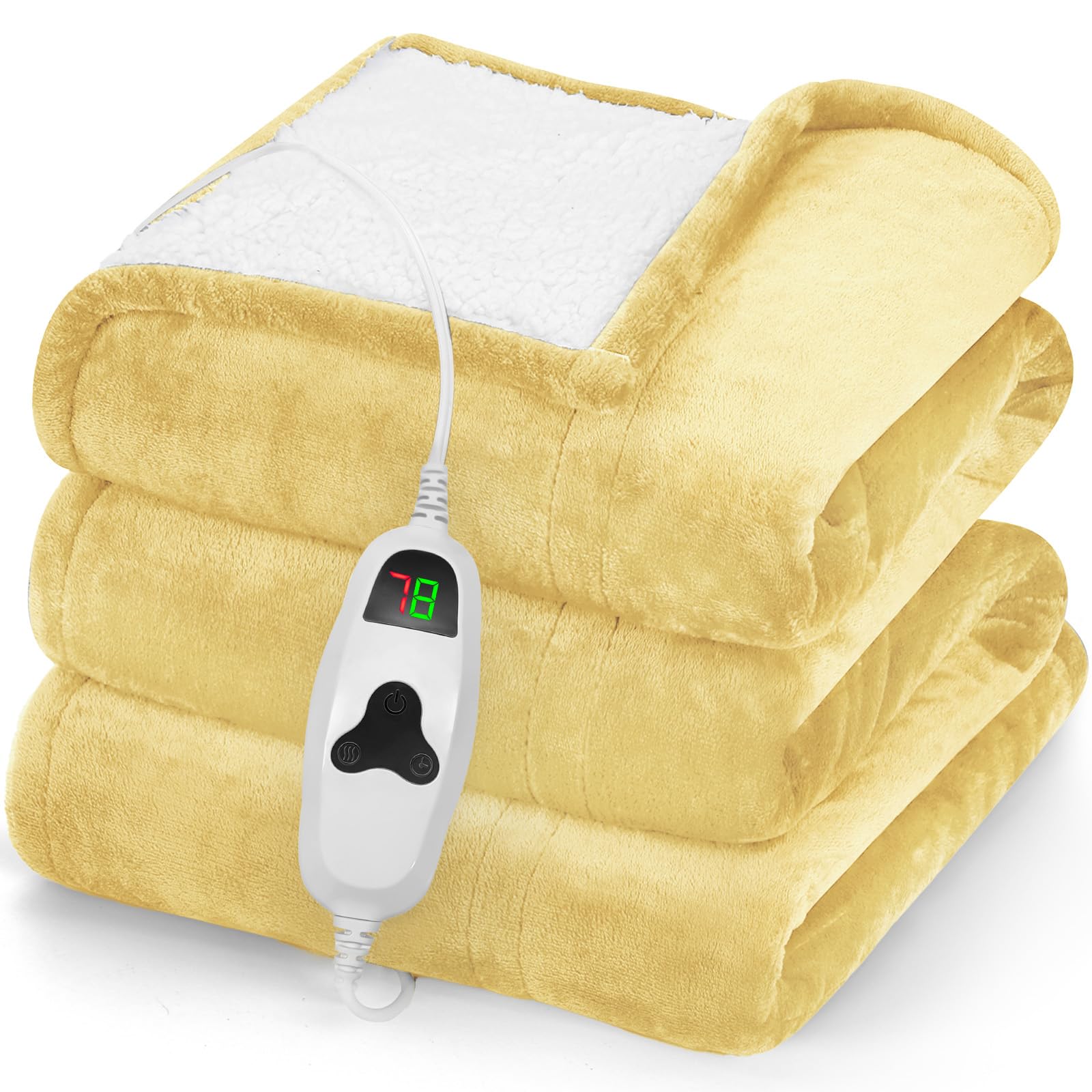 greenoak Heated Blanket Electric Throw 50"X60", Heating Blankets with 10 Heat Levels 8 Hours Auto-Off Overheat Protection, Soft Flannel Sherpa Fluffy House Warming GIF, ETL Certified Cream Yellow