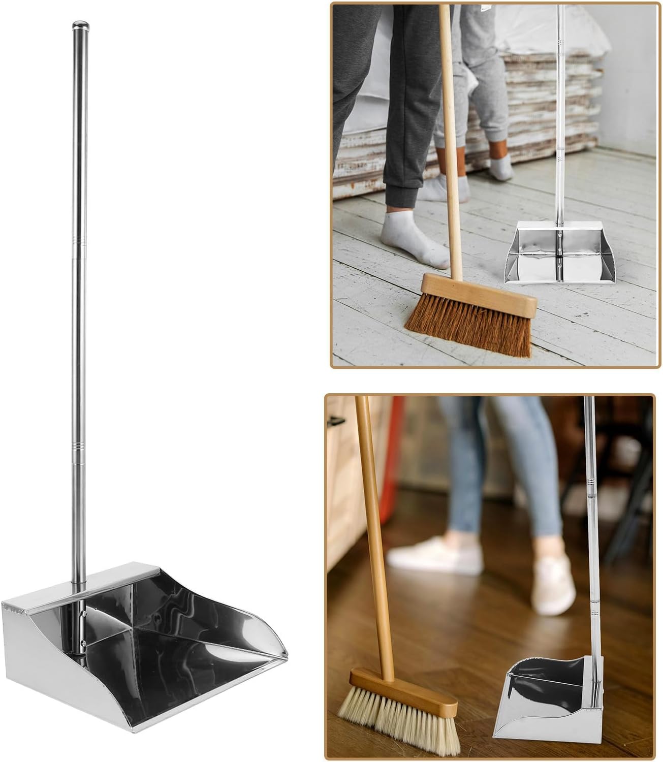 Heavy Duty Stainless Steel Dustpan with Long Ergonomic Handle Large Capacity Upright Dust Pan for Indoor Floor Debris Cleaning and Household Use