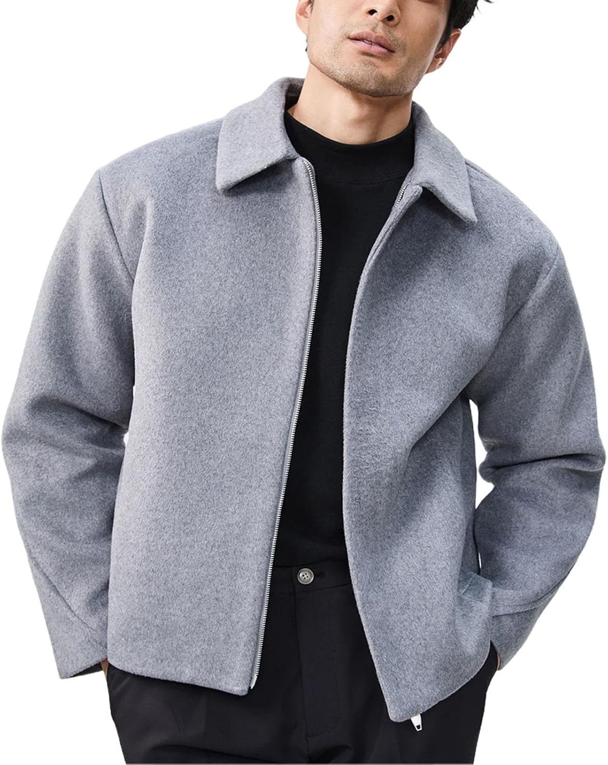 Mens Winter Double Zipper Woolen Jacket Thickened Warm Casual Lapel Silhouette Short Wool Blends Coat