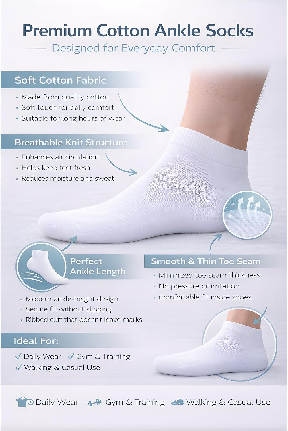 Vakre 12-Pack White Men's Cotton Ankle Socks, Breathable Low Cut Athletic Socks, Quick-Dry & Fresh Performance Training Socks