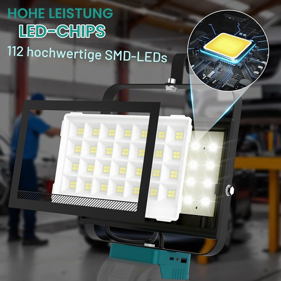 NATPOW Akku Lampe Kompatibel mit Makita 18V (Kein Akku), 2 Stück 6500LM Akku Strahler, 2 Modi Baustrahle Ultra Helle, Tragbarer Strahler mit Typ C und USB-Aufladung für Baustellen Autoreparaturen, Bild 4