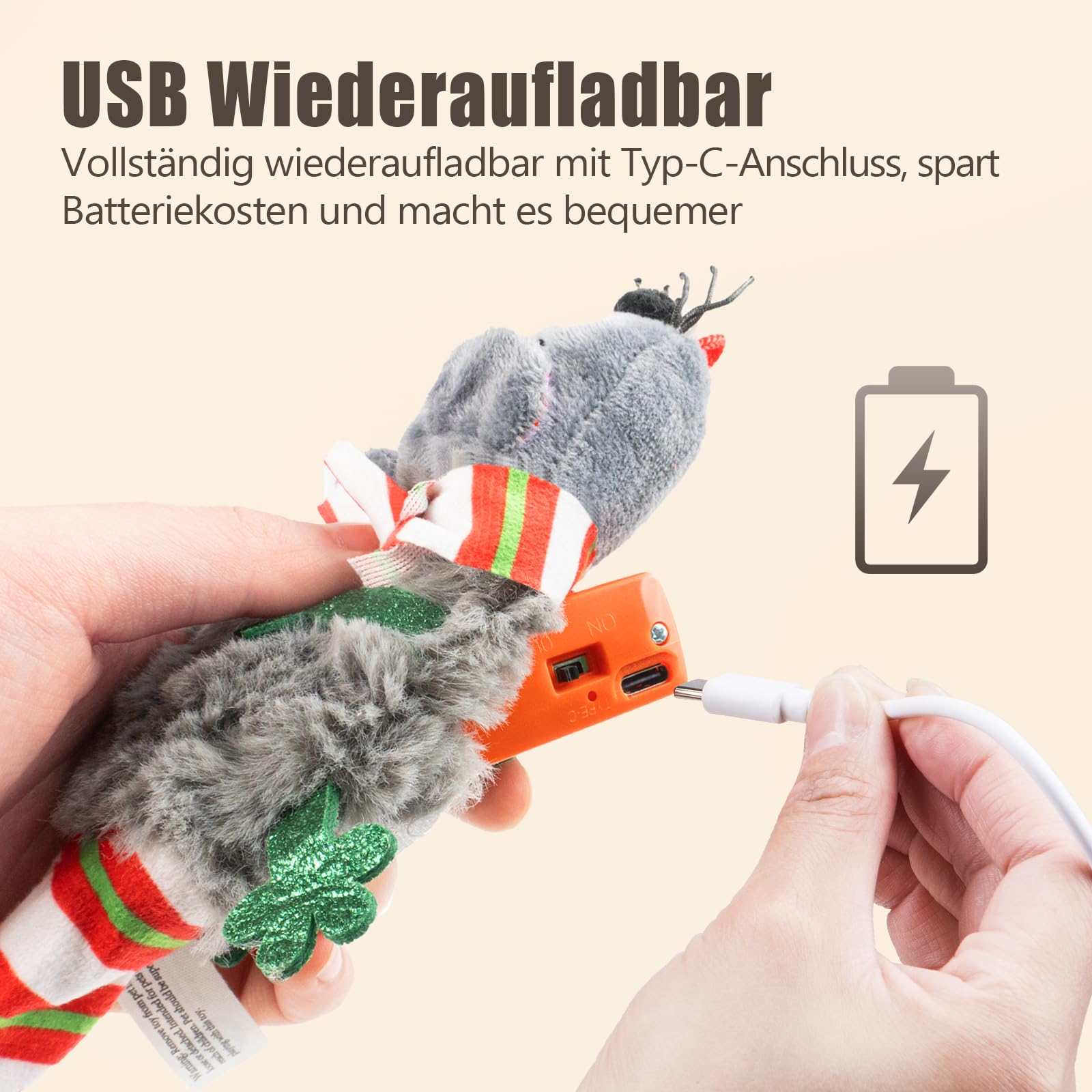 Migipaws Katzenspielzeug,elektrisch Maus-Spielzeug,berührungsaktiviertes Spielzeug mit wedelndem Schwanz und Katzenminze, wiederaufladbar