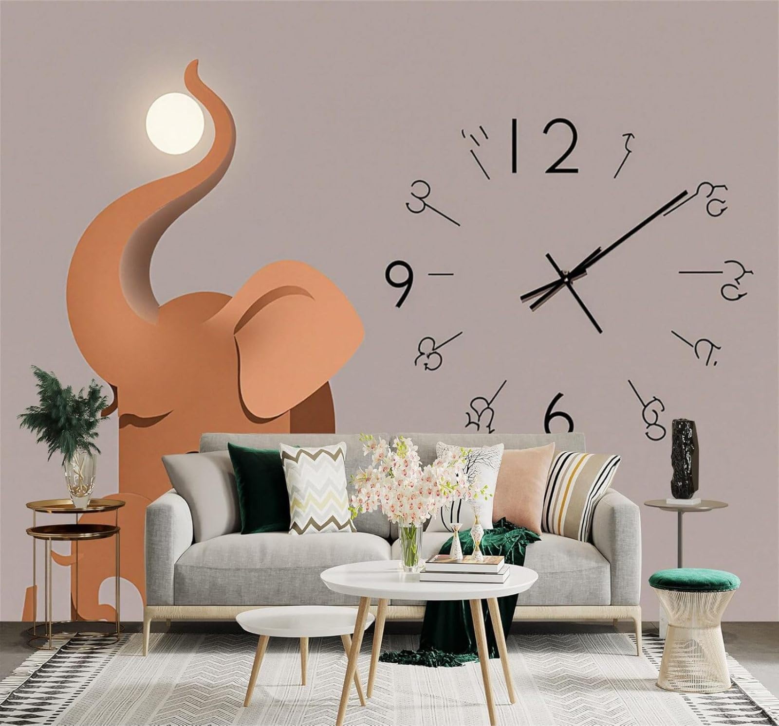 XLMING Minimalist Abstract Elephant Clock Moon 3D Wallpaper Silky Texture Home Study Office Grey Dining Room Sofa Bedroom Living Room TV Backdrop-350cm×256cm
