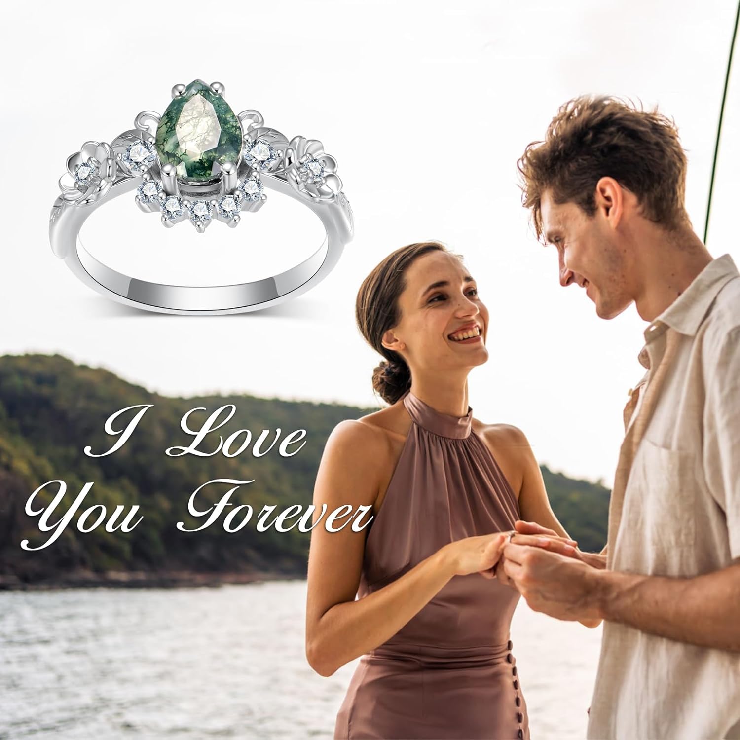 Pear-cut Natural Green Moss Agate Engagement Ring,Platinum Plated Silver Flowers Leaf Promise Ring S925 Teardrop Anniversary Bands for Women Jewelry Gift for Wedding Birthday