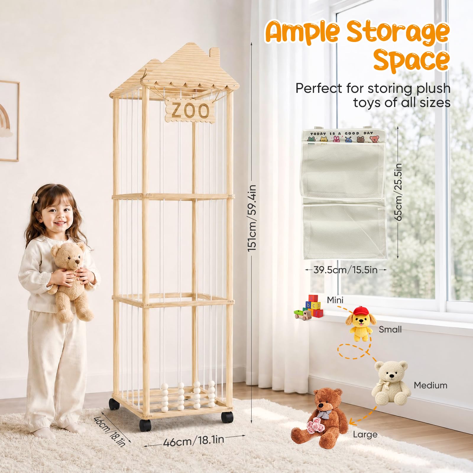 Organizador Peluches,Caja de Almacenamiento para Peluches con Reudas a 360°y Frenos,151x46x46CM Portaositos de Peluche para Habitaciones de Bebés, Dormitorios y Habitaciones Infant (Chimenea)