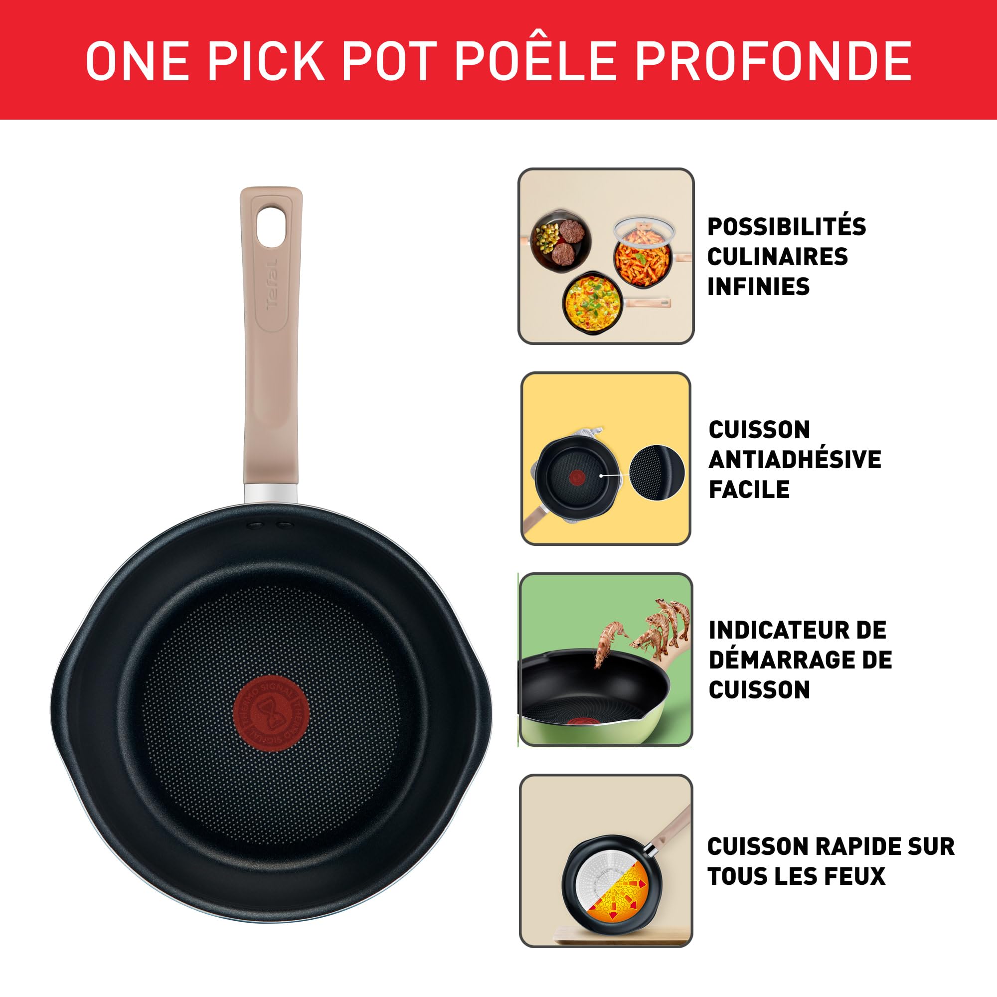 Tefal One Pick Pot Poêle profonde 24cm, 3 personnes, Induction, Polyvalente, Couvercle, Revêtement antiadhésif résistant, Technologie Thermo-Signal