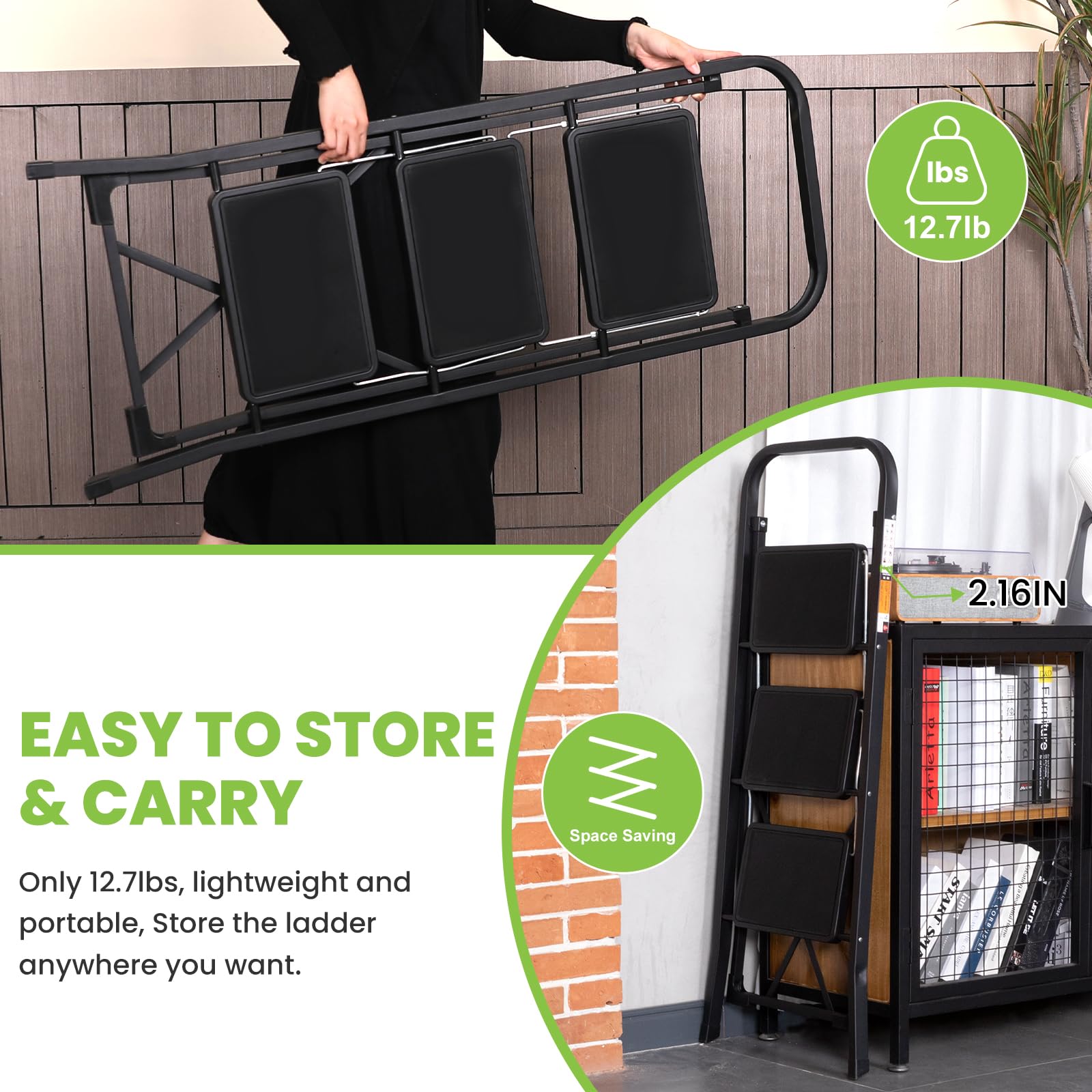 3 Step Ladder, SPIEEK Folding Step Stool with Wide Anti-Slip Pedal, 330lbs Capacity Portable Lightweight Ladders for Home Kitchen Outdoor, Black