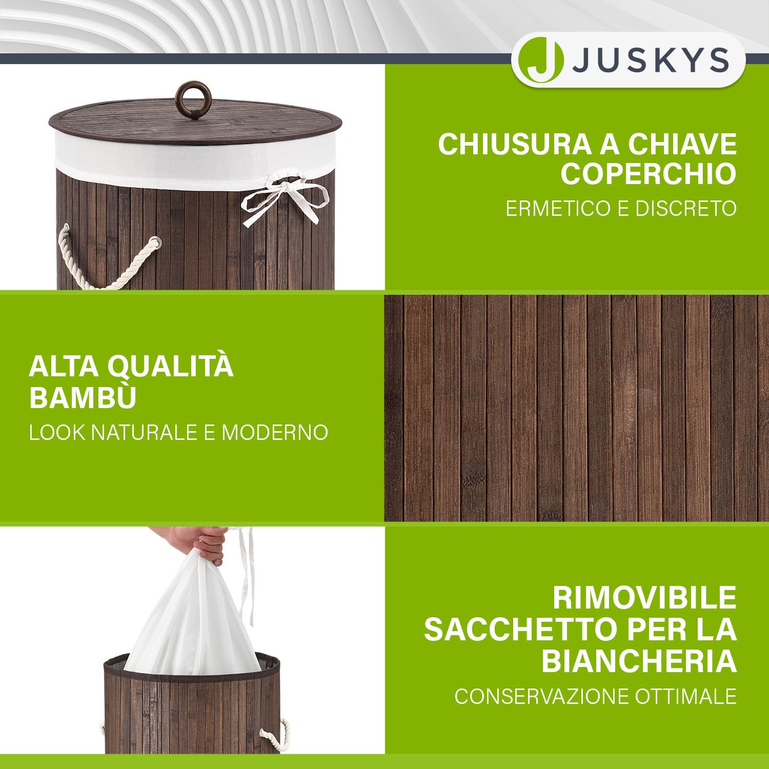 Juskys Cesto da bucato in bambù Curly-Round - capacità 55 litri - Cestino da biancheria con coperchio, maniglie di trasporto e sacca in tessuto - Cesto biancheria a 1 scomparto - marrone
