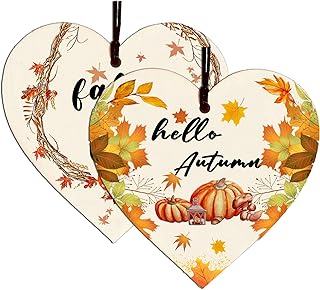Hello Autumn Sign, 2 Pcs Fall Autumn Gifts, Autumn House Decor Wooden Heart Sign Gifts, Pumpkins, Autumn Decorations Pumpkins， Maple Autumn Accessories Decor for Thanksgiving And Autumn